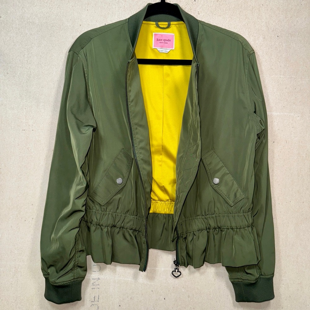 Kate Spade Green Bomber Jacket Peplum Hem Lightweight Women's Small - Picture 2 of 7